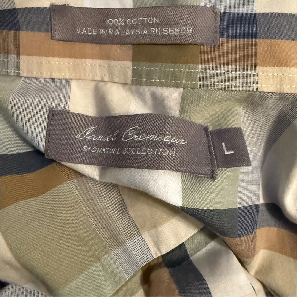 DANIEL CREMIEUX Men’s Tan and green plaid short sleeve button up shirt. Large - Picture 3 of 4